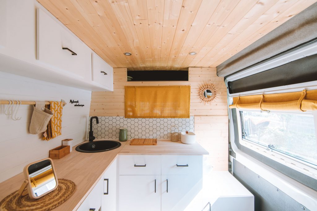 overview of our camper kitchen with lots of yellow