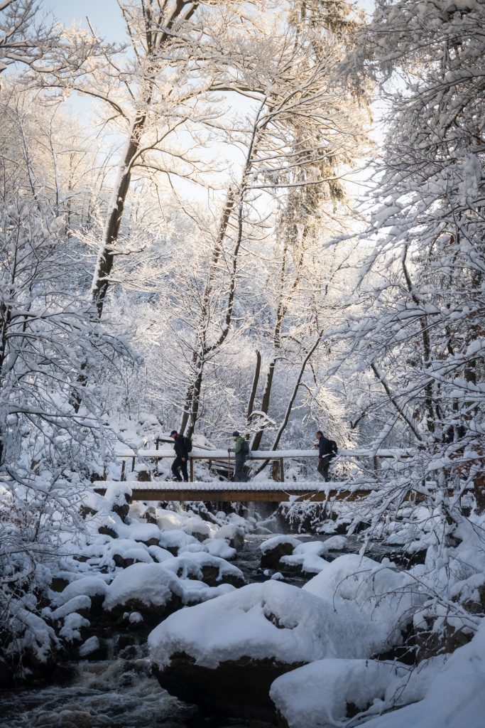three people crossing a bridge in a snow landscape in the hoegne valley