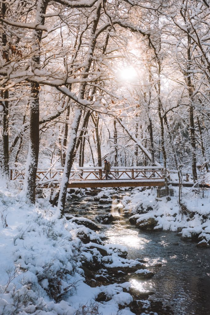 florian crossing a bridge over the river in a snow landscape