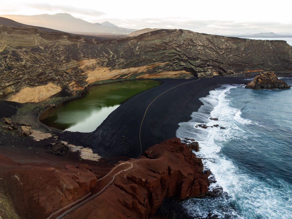 green lake by el golfo in lanzarote from above with dji mini 2