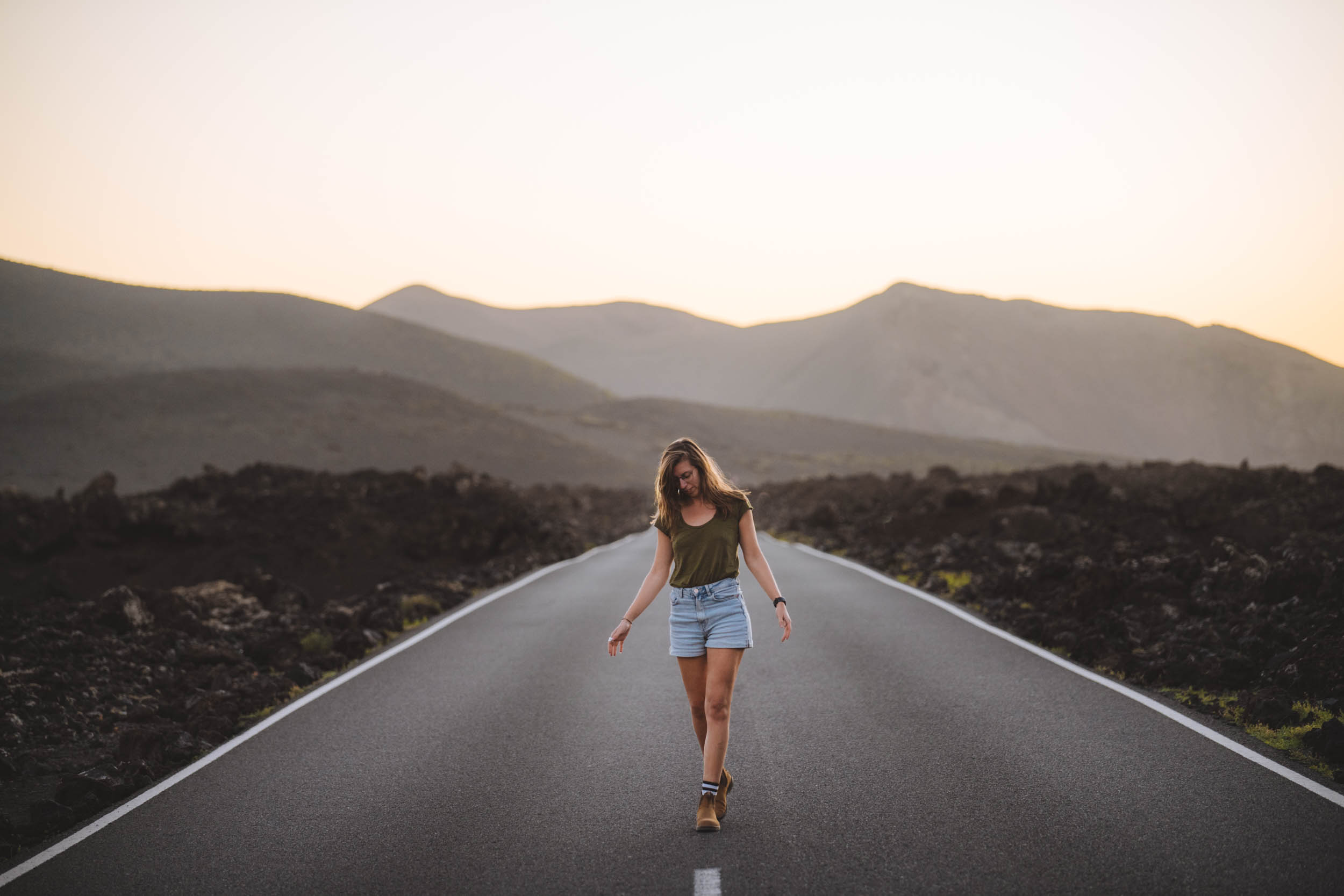 kelly posing on a road in Lanzarote during sunset