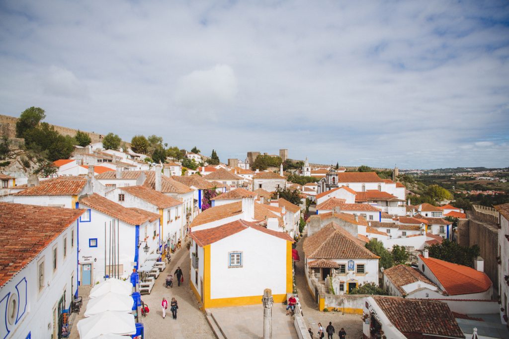 the town of obidos seen from above the wall around the historic centre