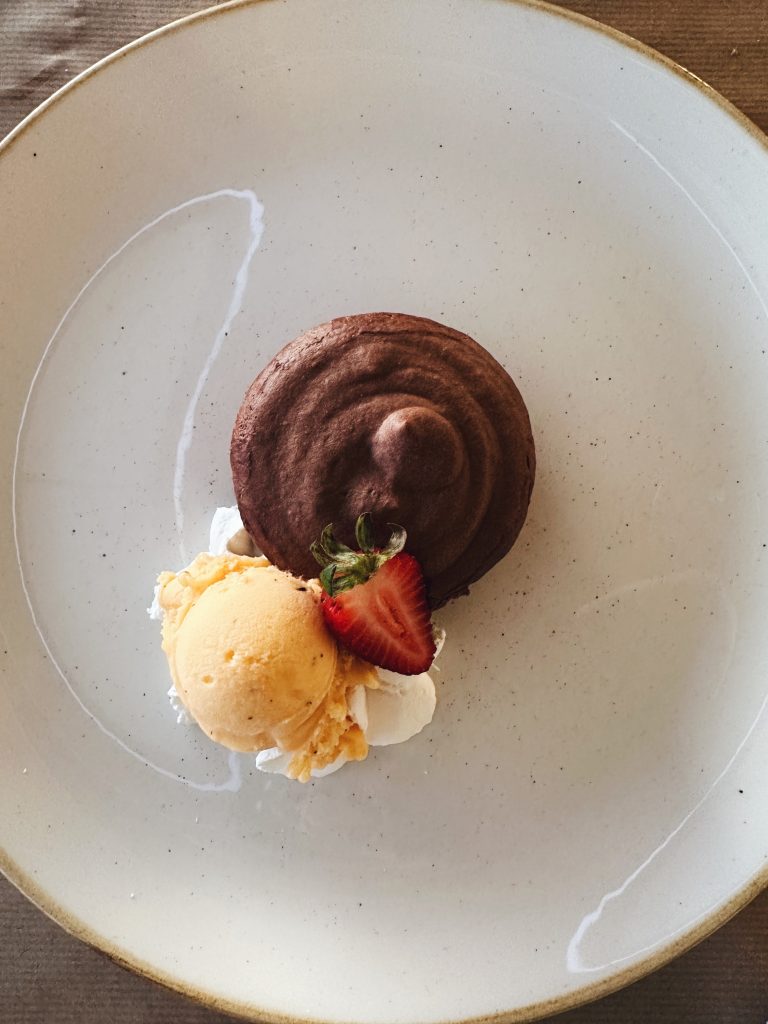chocolate dessert with fresh strawberry and ice cream