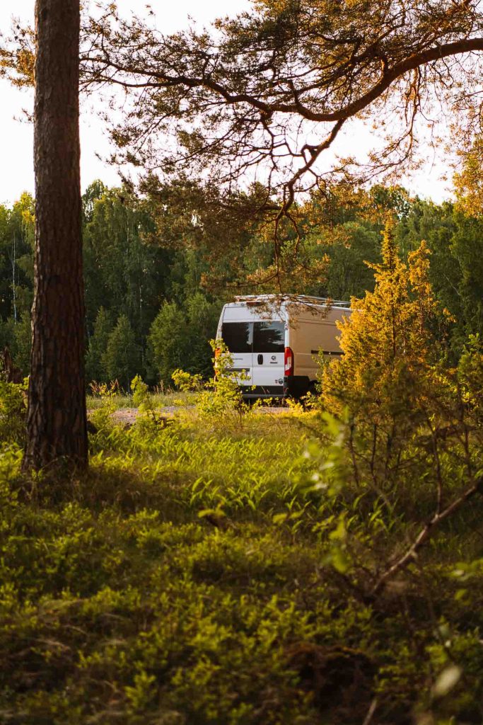 our fiat ducato camper standing in the forest in sweden