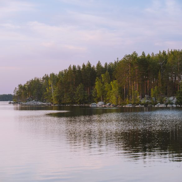 pink skies behind an island of trees in a big lake in sweden